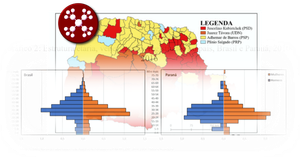 Imagem decorativa com gráfico e mapa representando as atividades do ObPPP