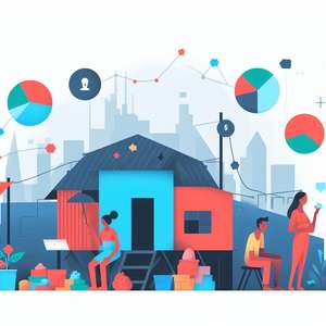 Imagem ilustrativa com casa, pessoas e gráficos