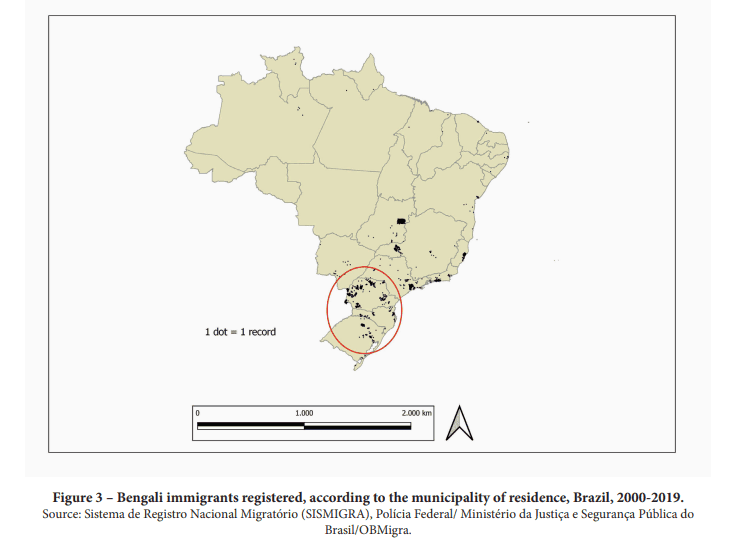 Imigrantes bengalis por município no Brasil, 2000 a 2019