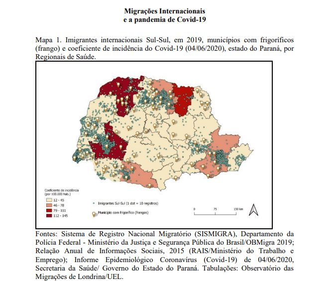Mapa do Paraná com a distribuição de casos de Covid e migrantes em frigoríficos